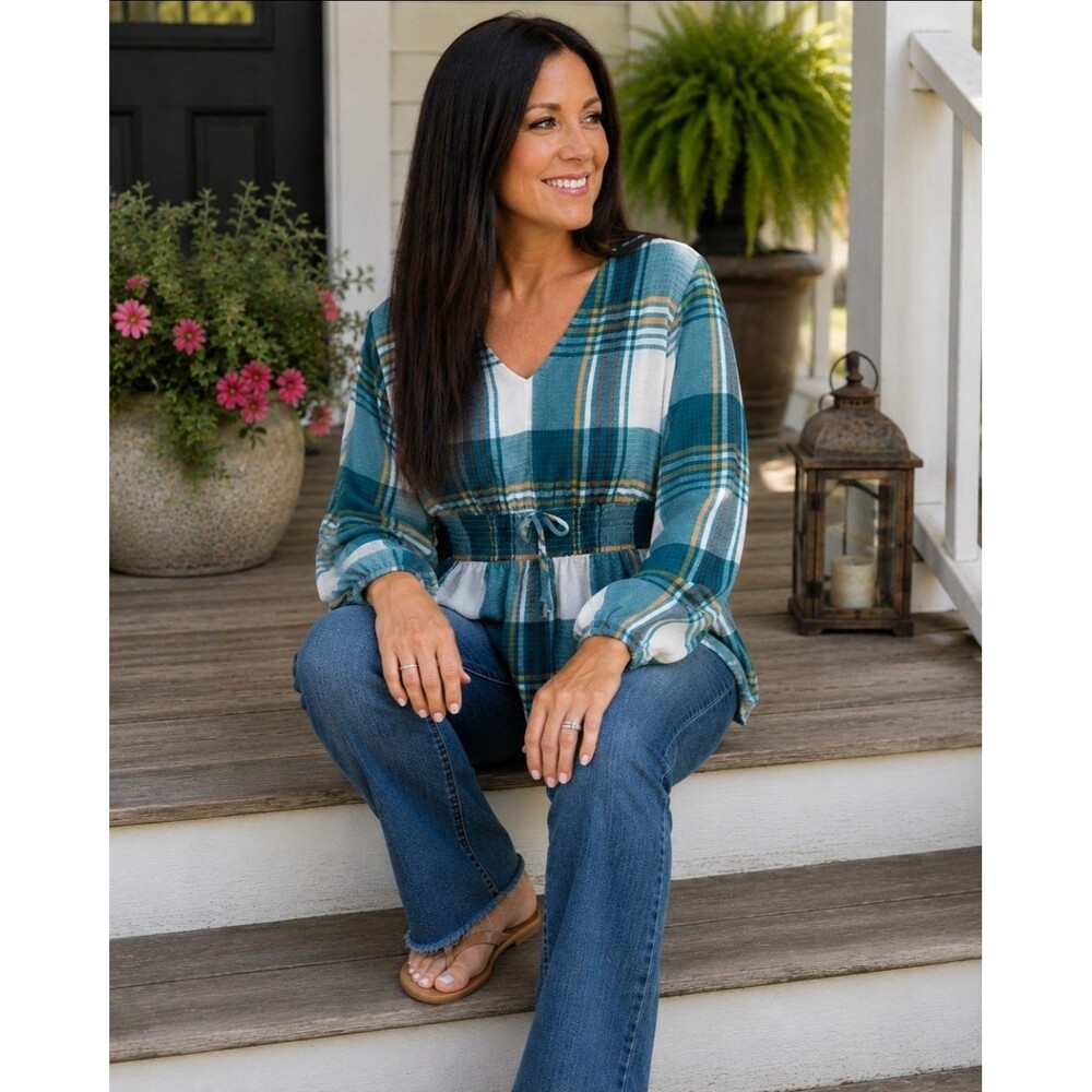 Womens Babydoll Boho Chic Cottagecore Smocked Waist Top Teal&White V-neck 18/20